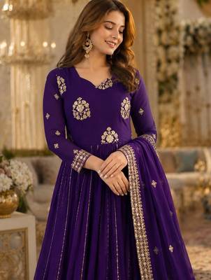 Violet georgette readymade anarkali suit with embroidery & zari work 2