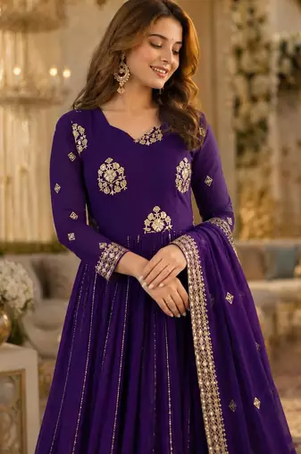 Violet georgette readymade anarkali suit with embroidery & zari work