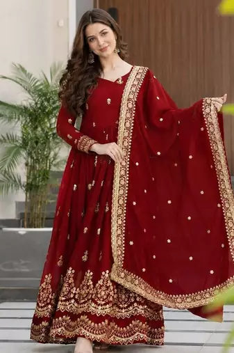 Red georgette anarkali suit with embroidery & zari work