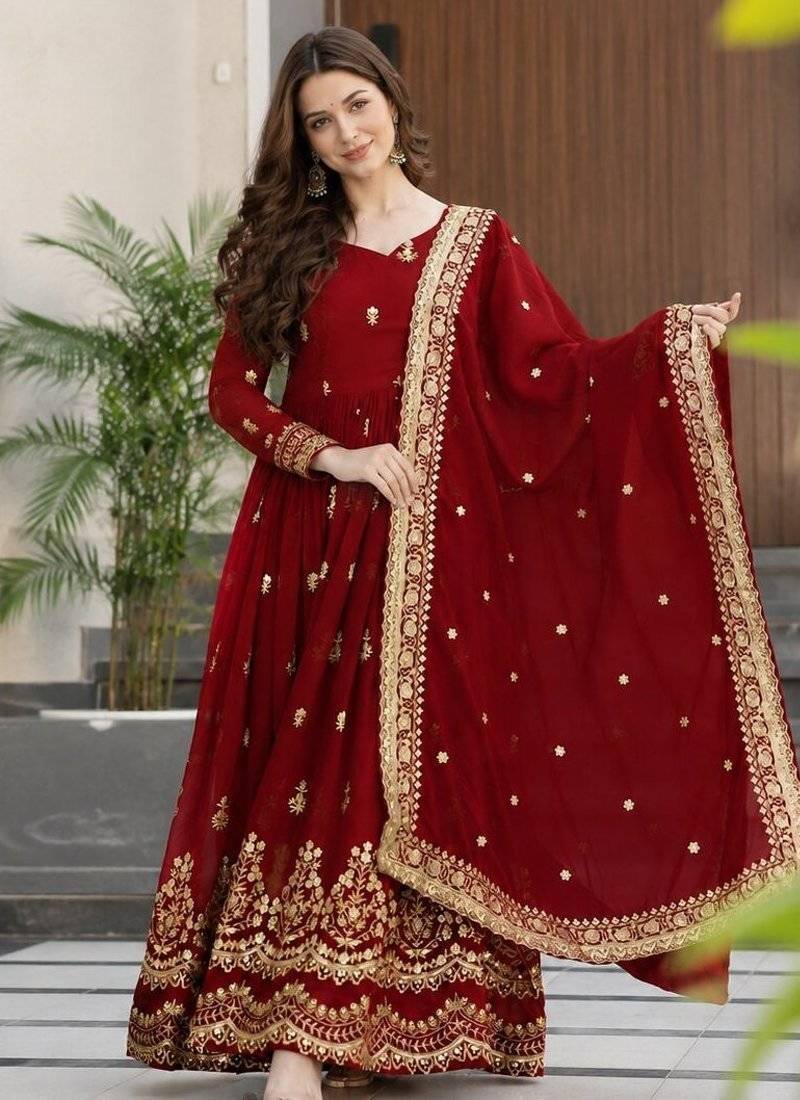 Red georgette readymade anarkali suit with embroidery & zari work