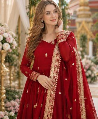 Red georgette anarkali suit with embroidery & zari work 2
