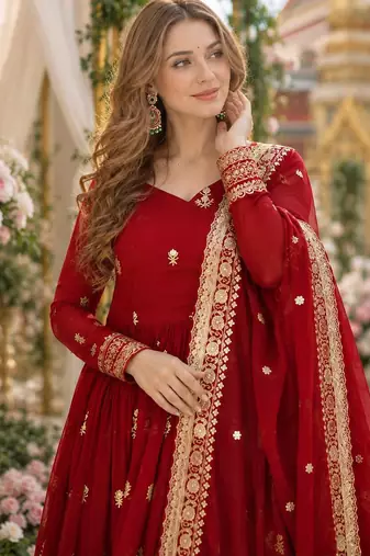 Red georgette anarkali suit with embroidery & zari work