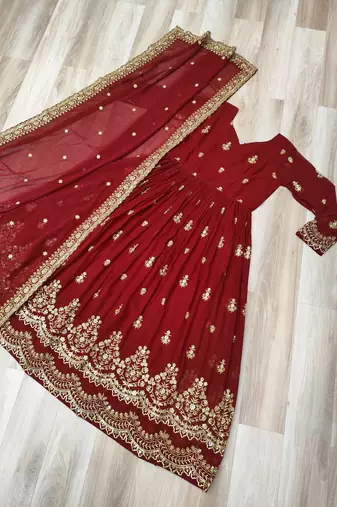 Red georgette anarkali suit with embroidery & zari work