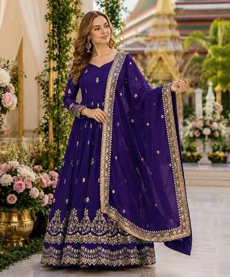 Violet georgette readymade anarkali suit with embroidery & zari work 1