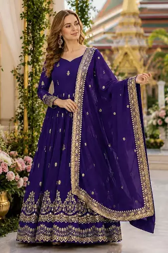 Violet georgette readymade anarkali suit with embroidery & zari work