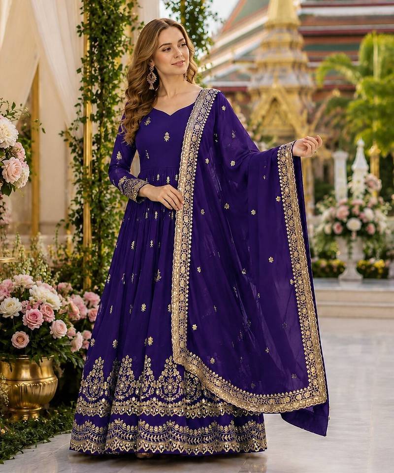 Violet georgette readymade anarkali suit with embroidery & zari work
