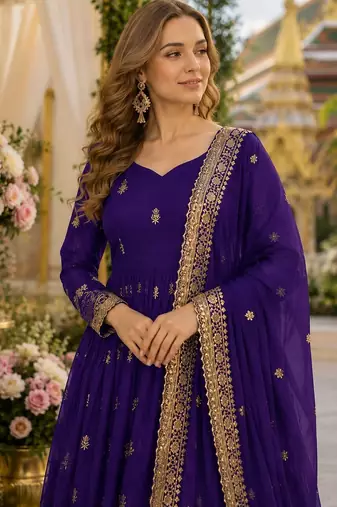 Violet georgette readymade anarkali suit with embroidery & zari work