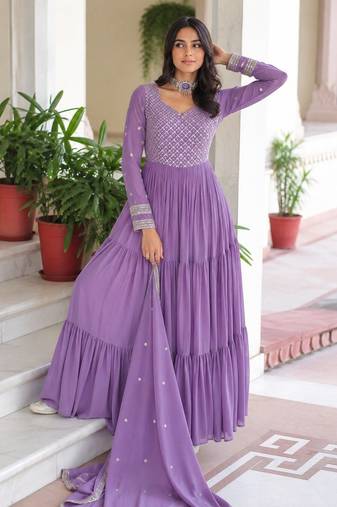 Lavender georgette anarkali suit with embroidery & zari work