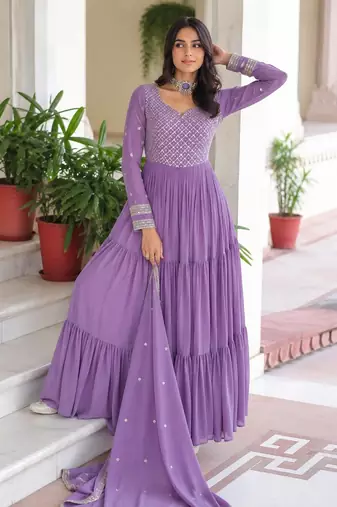 Lavender georgette anarkali suit with embroidery & zari work