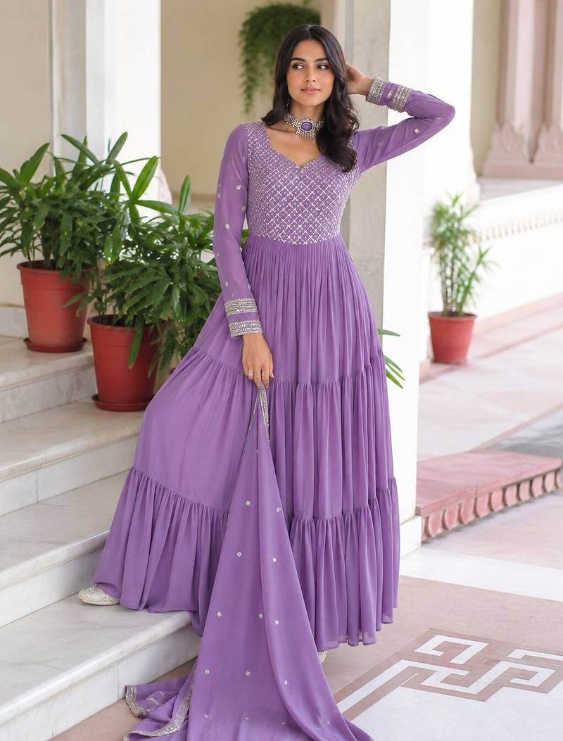 Lavender georgette readymade anarkali suit with embroidery & zari work