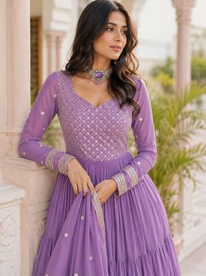 Lavender georgette anarkali suit with embroidery & zari work 2