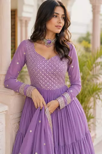 Lavender georgette anarkali suit with embroidery & zari work