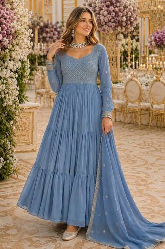Blue georgette readymade anarkali suit with embroidery & zari work