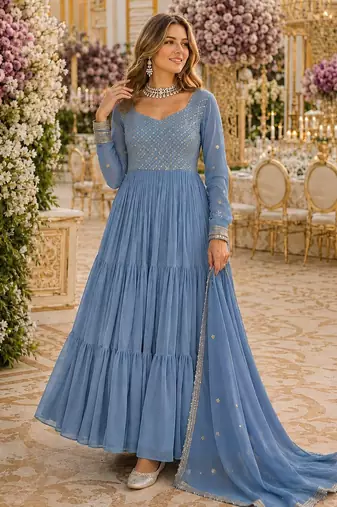 Blue georgette readymade anarkali suit with embroidery & zari work