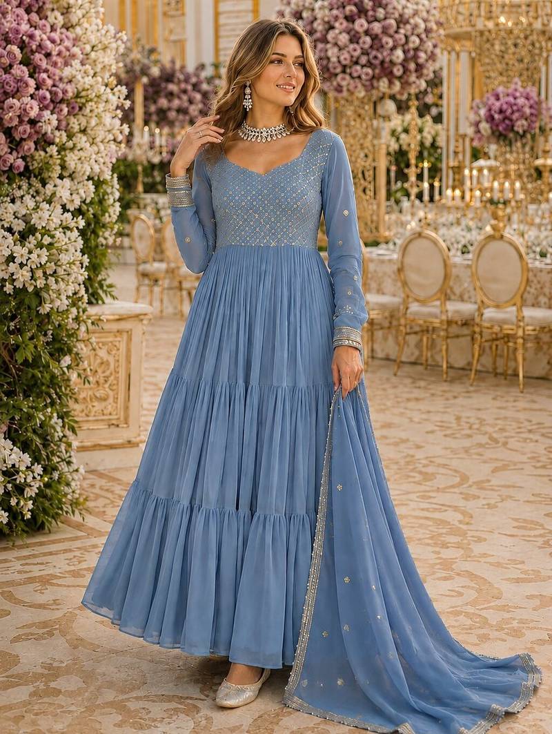 Blue georgette readymade anarkali suit with embroidery & zari work