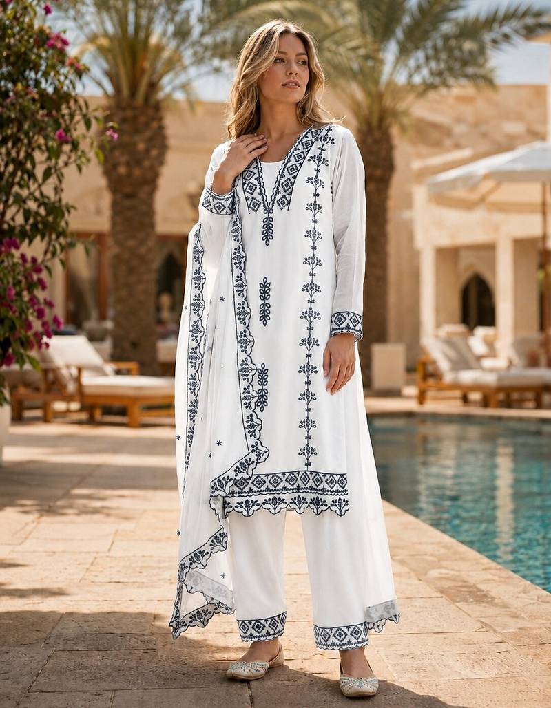 Blue&white georgette readymade suit with thread embroidery work