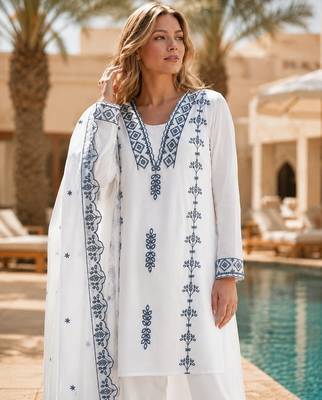 Blue&white georgette suit with thread embroidery work 2