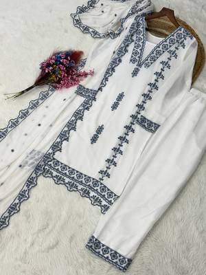 Blue&white georgette suit with thread embroidery work 3