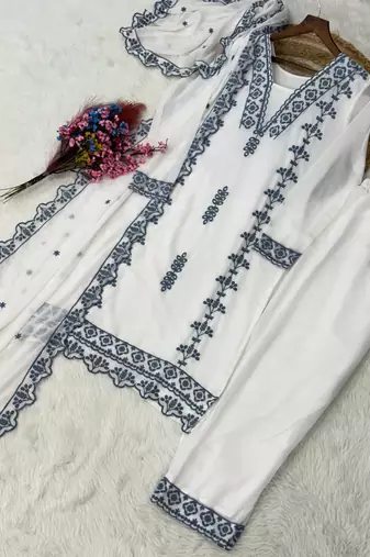 Blue&white georgette suit with thread embroidery work