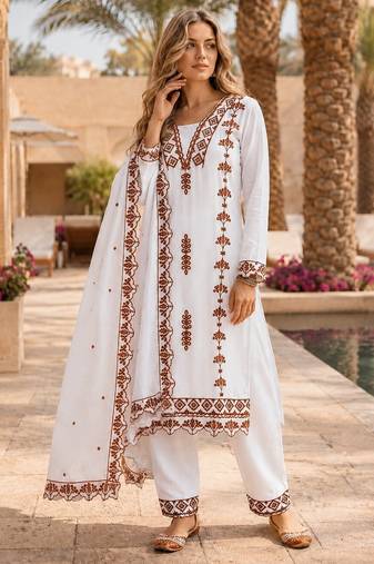 Brown&white georgette readymade suit with thread embroidery work