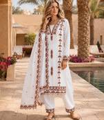 Brown&white georgette readymade suit with thread embroidery work