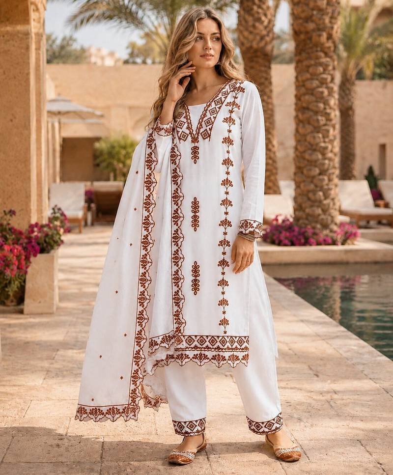 Brown&white georgette readymade suit with thread embroidery work