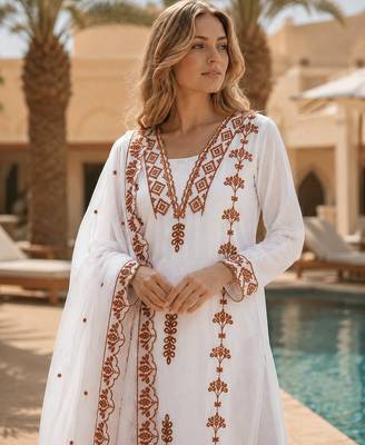 Brown&white georgette readymade suit with thread embroidery work 2