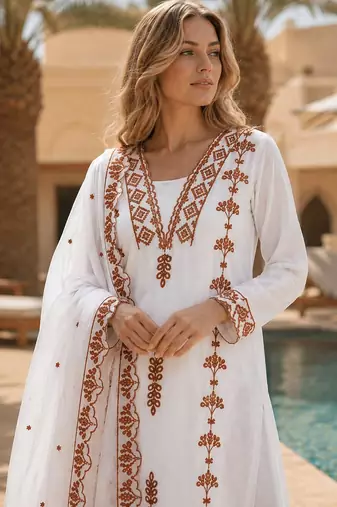 Brown&white georgette readymade suit with thread embroidery work