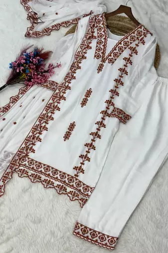 Brown&white georgette readymade suit with thread embroidery work