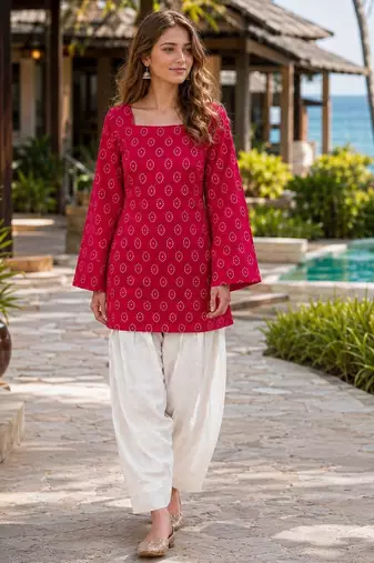 Red cotton suit with digital print