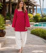 Red cotton readymade suit with digital print