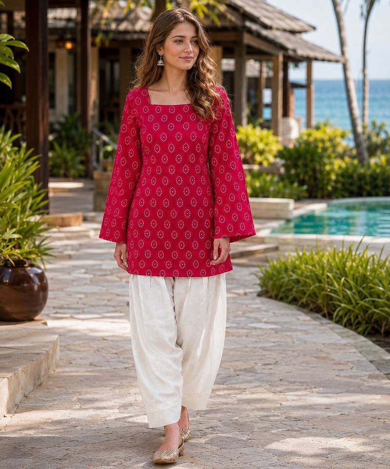 Red cotton readymade suit with digital print