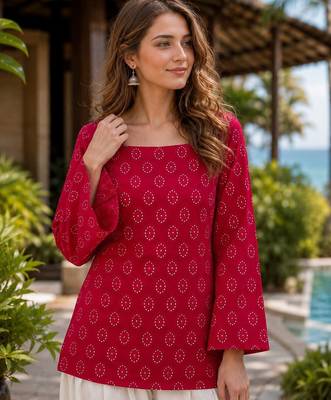 Red cotton suit with digital print 2