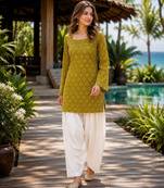 Green cotton readymade suit with digital print
