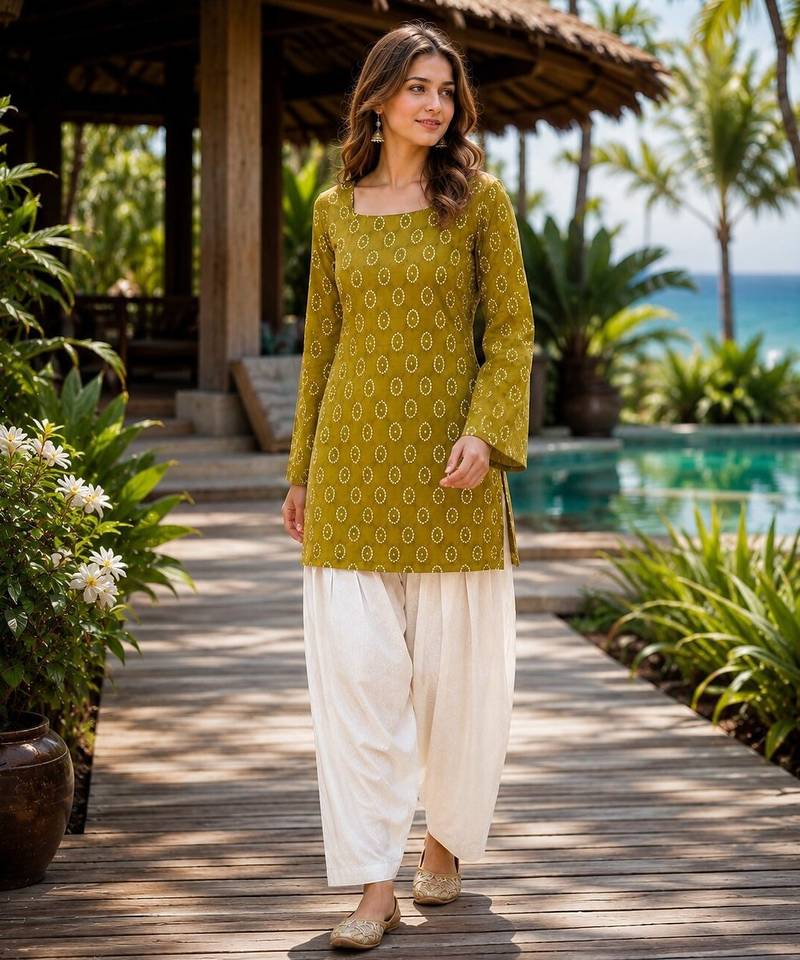 Green cotton readymade suit with digital print