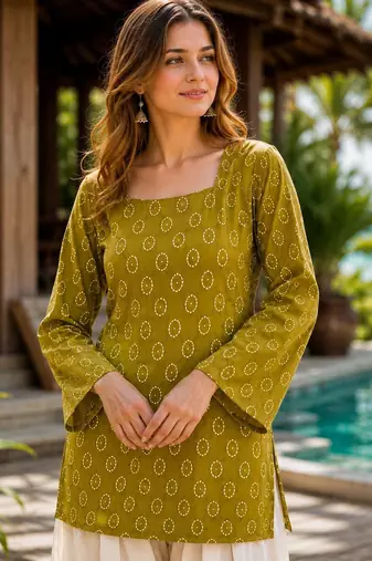 Green cotton readymade suit with digital print