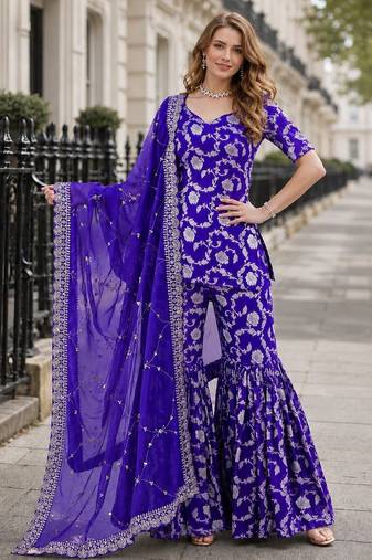 R blue viscose suit with jacquard & embroidery work