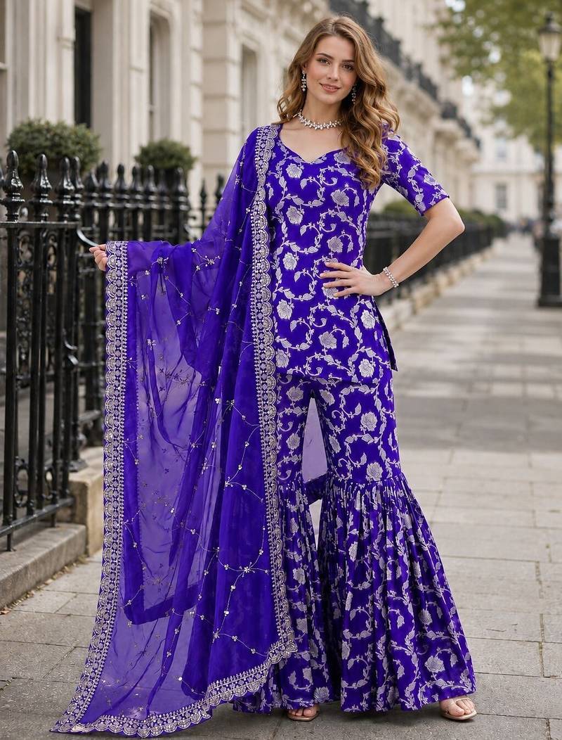 R blue viscose readymade suit with jacquard & embroidery work