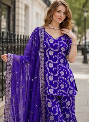 R blue viscose suit with jacquard & embroidery work 2