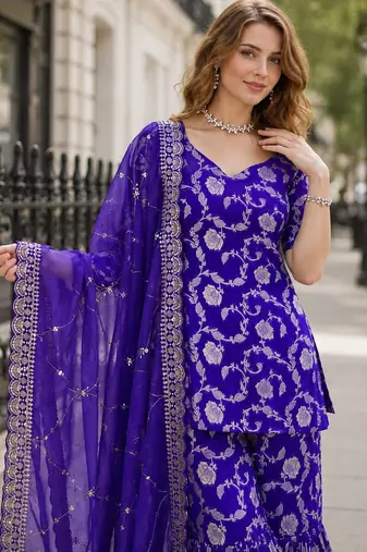 R blue viscose suit with jacquard & embroidery work
