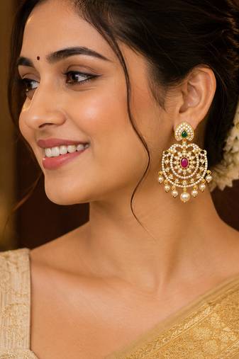 Traditional gold plated cz chandbali earrings for women & girls  ruby pink stone & green pearl drop dangle earrings