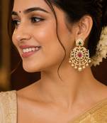 Traditional gold plated cz chandbali earrings for women & girls  ruby pink stone & green pearl drop dangle earrings