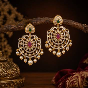 Traditional gold plated cz chandbali earrings for women & girls  ruby pink stone & green pearl drop dangle earrings 2