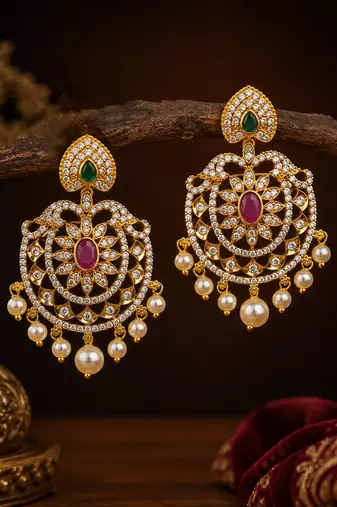 Traditional gold plated cz chandbali earrings for women & girls  ruby pink stone & green pearl drop dangle earrings