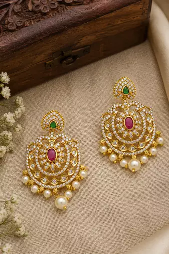 Traditional gold plated cz chandbali earrings for women & girls  ruby pink stone & green pearl drop dangle earrings