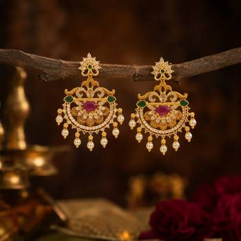 Gold plated chandbali earrings for women traditional south indian temple jewelry ruby green stone pearl drop earrings 1