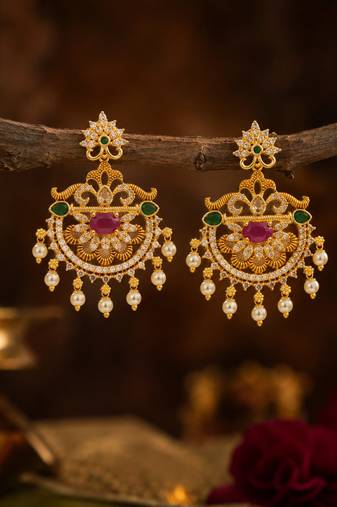 Gold plated chandbali earrings for women traditional south indian temple jewelry ruby green stone pearl drop earrings