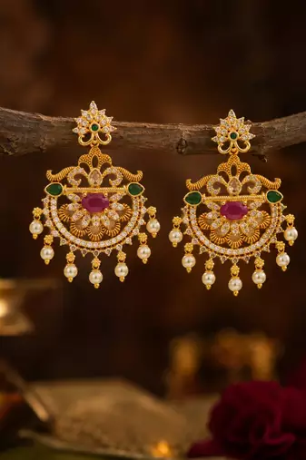 Gold plated chandbali earrings for women traditional south indian temple jewelry ruby green stone pearl drop earrings