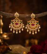 Gold plated chandbali earrings for women traditional south indian temple jewelry ruby green stone pearl drop earrings