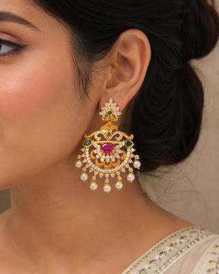 Gold plated chandbali earrings for women traditional south indian temple jewelry ruby green stone pearl drop earrings 2